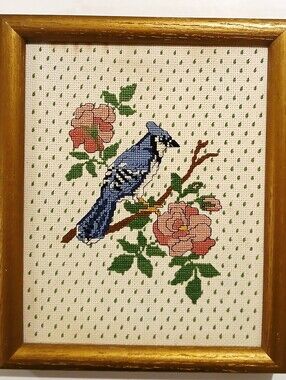 Vintage Blue Jay Cross-Stitch Bird Wall Art - Decorative Framed Embroidery
